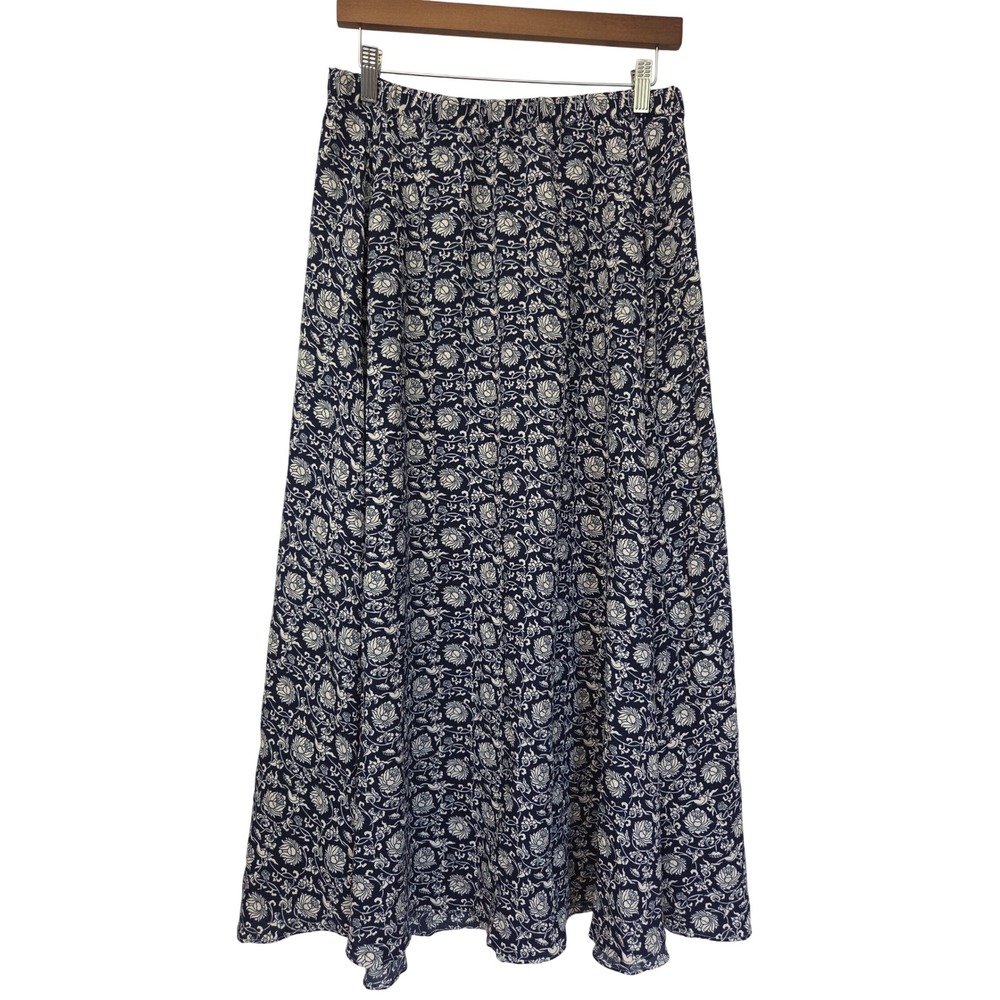 Max Studio Maxi Skirt Floral Elastic Waist Women Large Navy Blue NWOT